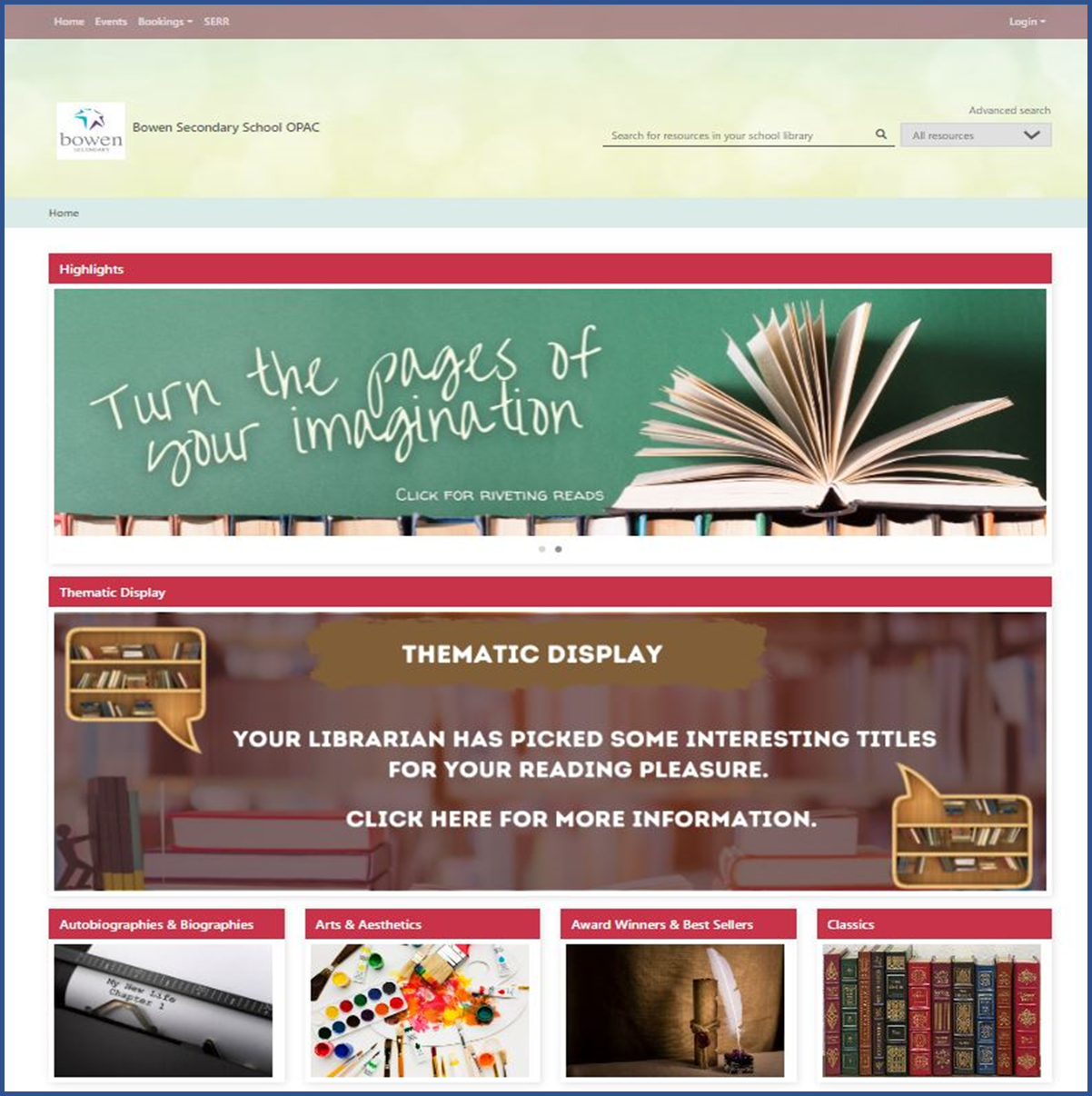 Bowen Secondary School OPAC library website homepage with book categories and a reading-themed banner.